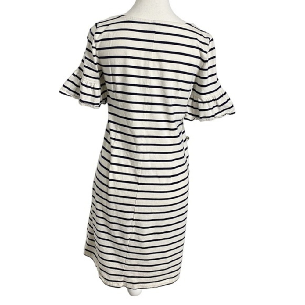 J. Crew Black and Ivory striped ruffle bell sleeve shift‎ dress - Picture 2 of 10